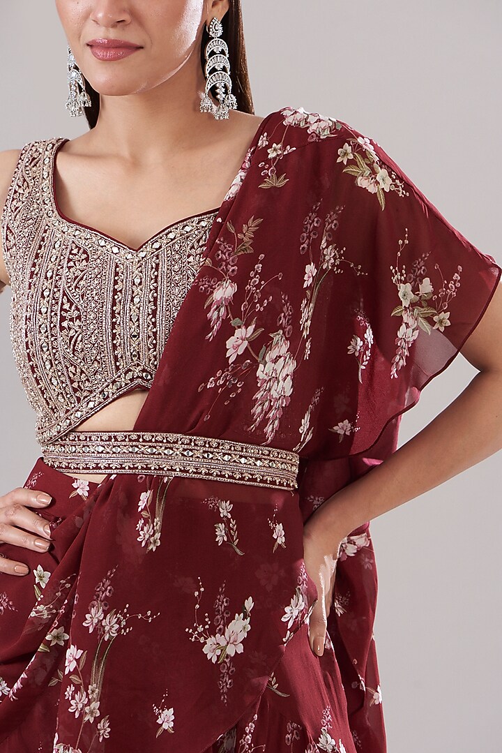 Maroon Silk Chiffon Pre-Stitched Layered Wedding Saree Set by Sana Barreja at Pernia's Pop Up Shop