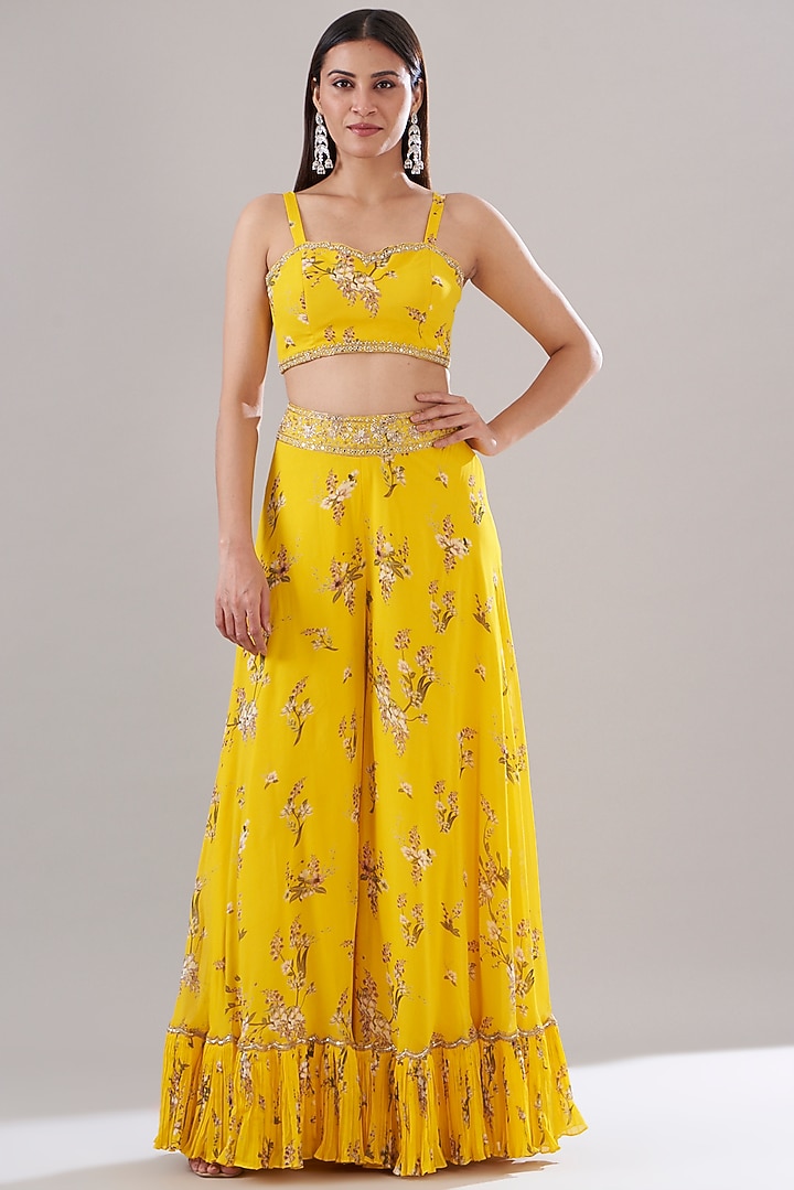 Dandelion Yellow Georgette Printed Wedding Sharara Set by Sana Barreja at Pernia's Pop Up Shop