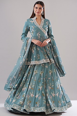 Ice- Blue Georgette Printed Lehenga Set by Sana Barreja