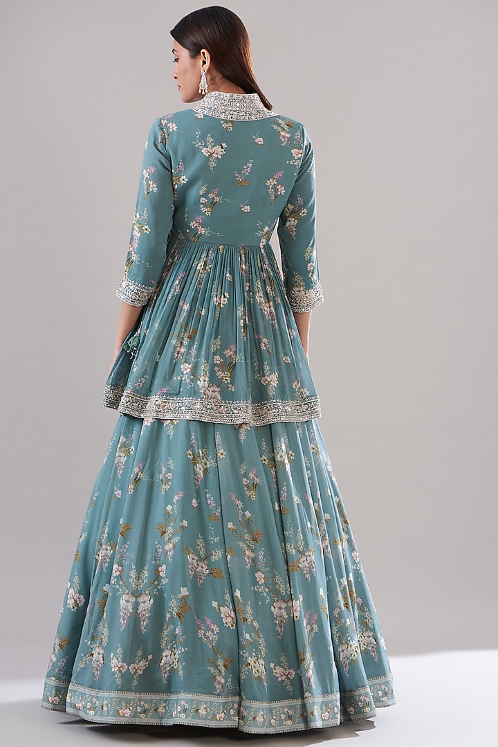 Ice- Blue Georgette Printed Wedding Lehenga Set by Sana Barreja at Pernia's Pop Up Shop