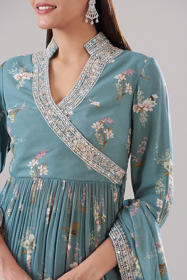 Ice- Blue Georgette Printed Wedding Lehenga Set by Sana Barreja at Pernia's Pop Up Shop