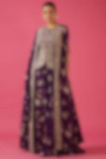 Purple Dupion Silk & Organza Jacket Wedding Lehenga Set by Sana Barreja at Pernia's Pop Up Shop