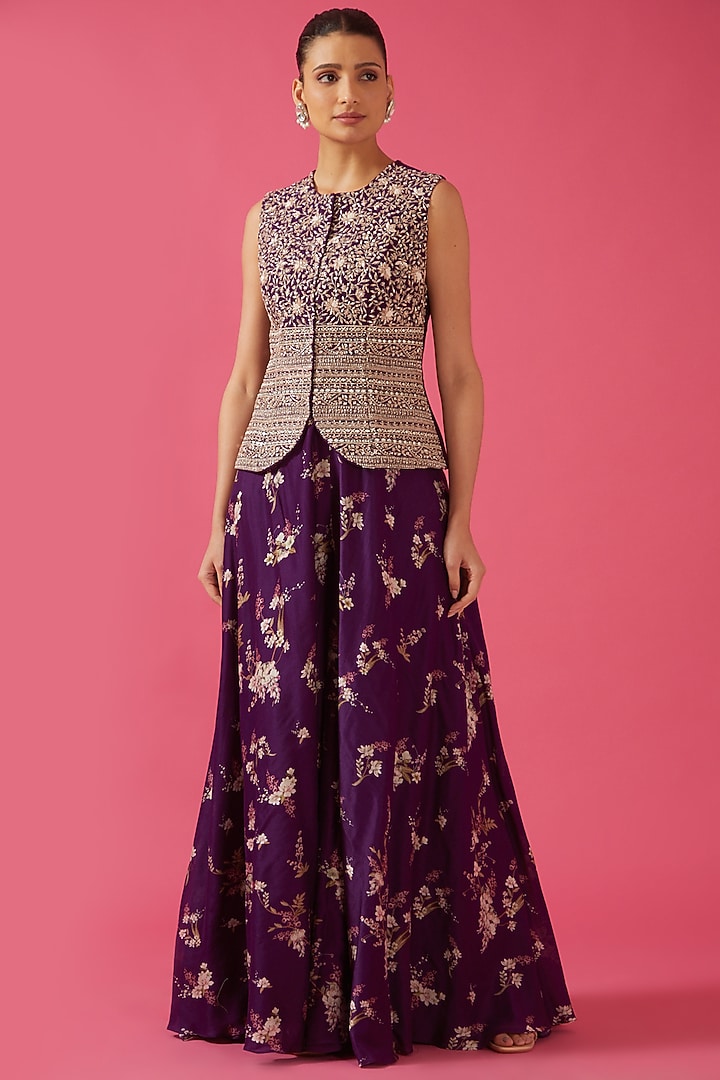 Purple Dupion Silk & Organza Jacket Wedding Lehenga Set by Sana Barreja at Pernia's Pop Up Shop