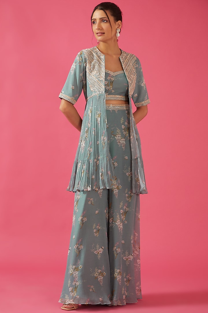 Ice Blue Chiffon Printed Wedding Sharara Set by Sana Barreja at Pernia's Pop Up Shop