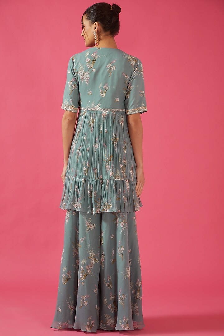Ice Blue Chiffon Printed Wedding Sharara Set by Sana Barreja at Pernia's Pop Up Shop
