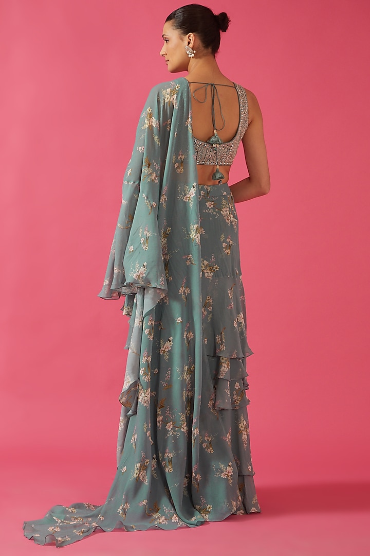 Ice Blue Chiffon Printed Wedding Saree Set by Sana Barreja at Pernia's Pop Up Shop