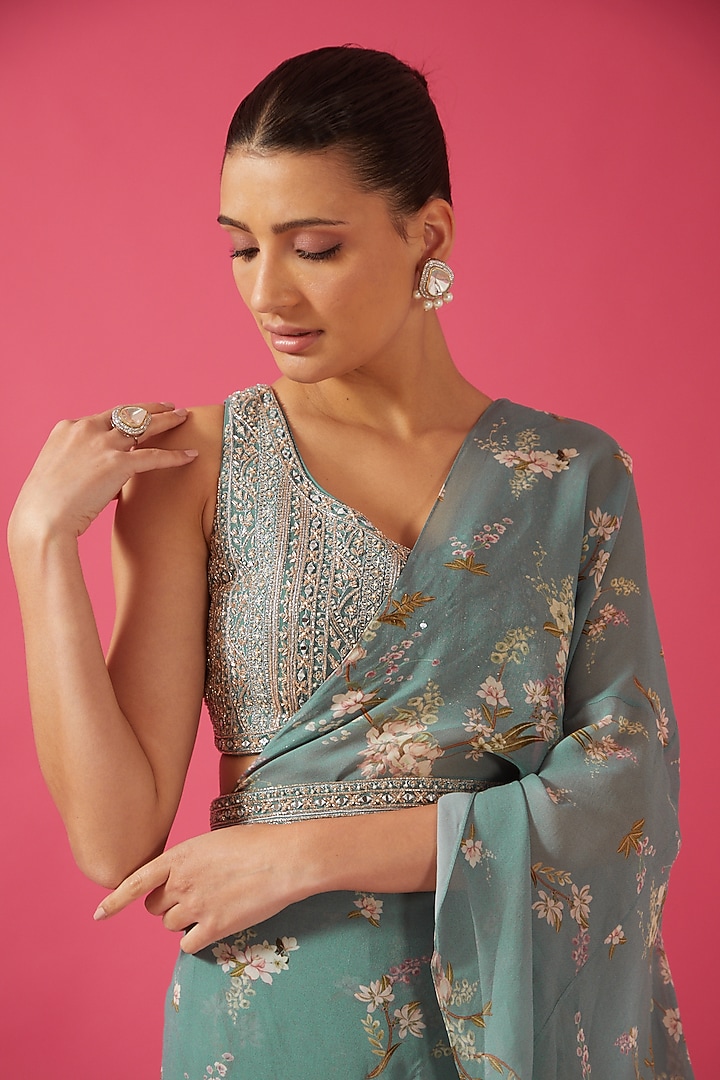 Ice Blue Chiffon Printed Wedding Saree Set by Sana Barreja at Pernia's Pop Up Shop