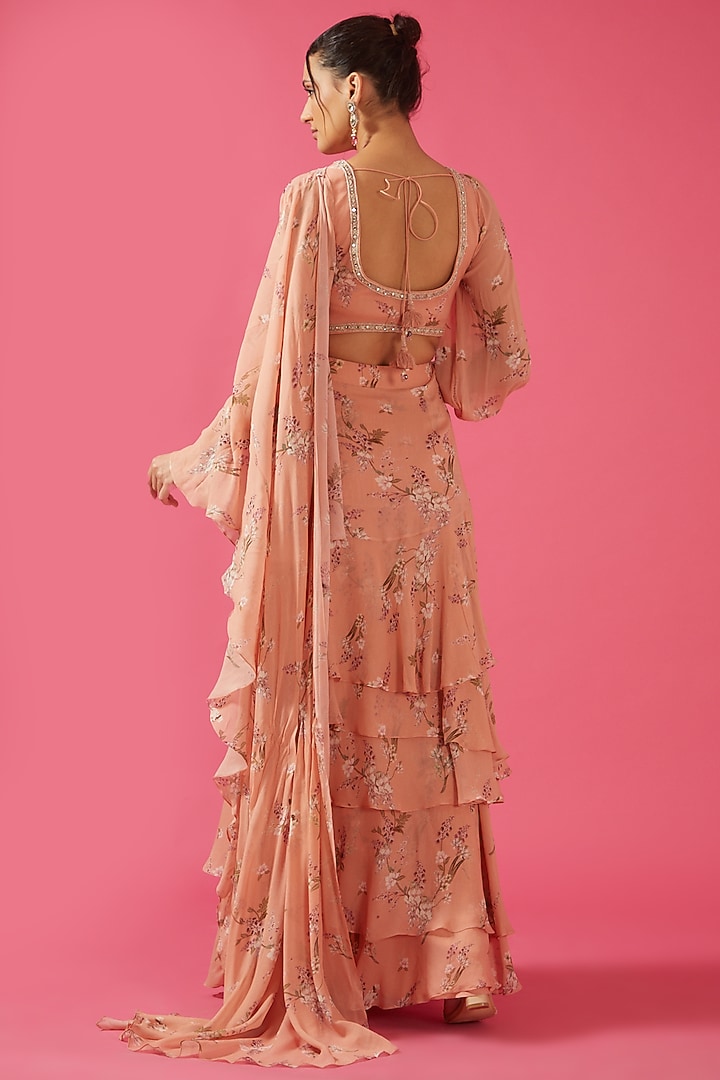 Peach Chiffon Printed Wedding Saree Set by Sana Barreja at Pernia's Pop Up Shop