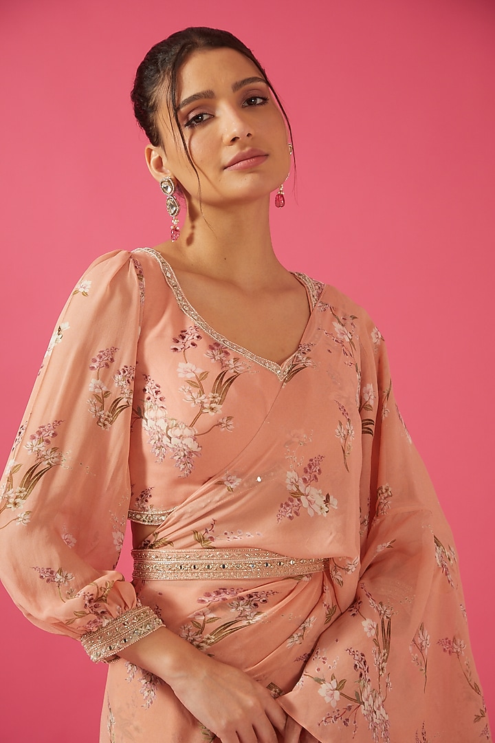Peach Chiffon Printed Wedding Saree Set by Sana Barreja at Pernia's Pop Up Shop