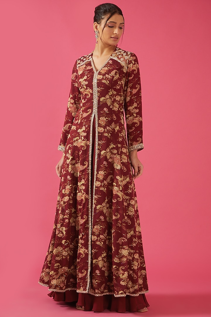 Red Chiffon Paisley Printed Wedding Sharara Set by Sana Barreja at Pernia's Pop Up Shop
