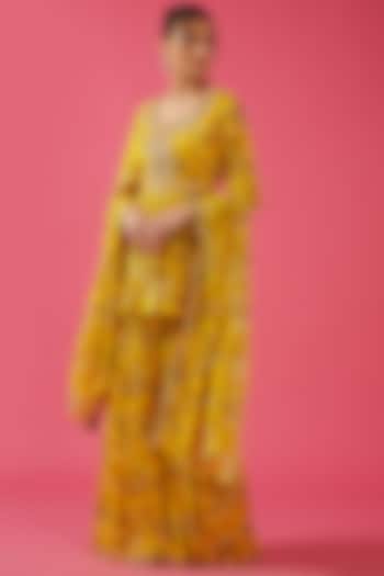 Yellow Chiffon Printed & Embroidered Gharara Set by Sana Barreja
