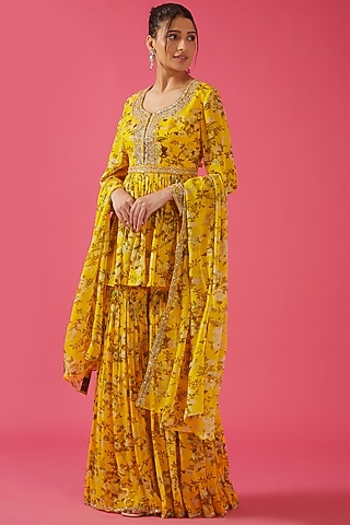 Yellow Chiffon Printed & Embroidered Gharara Set by Sana Barreja