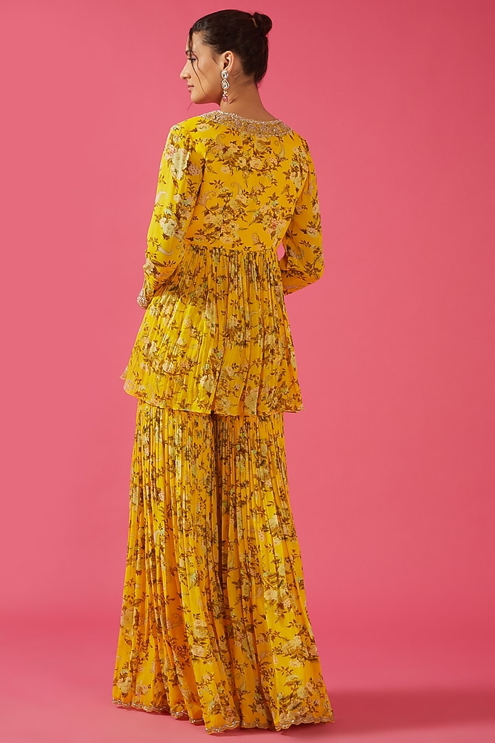 Yellow Chiffon Printed & Embroidered Gharara Set by Sana Barreja at Pernia's Pop Up Shop