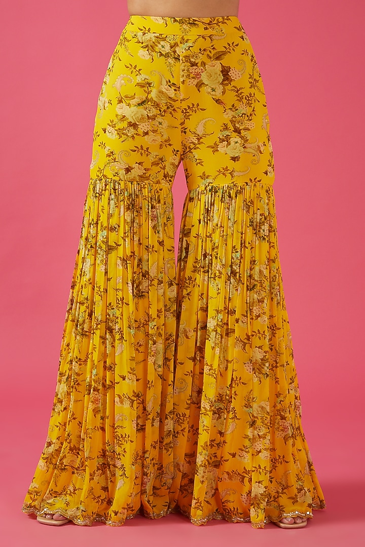 Yellow Chiffon Printed & Embroidered Gharara Set by Sana Barreja at Pernia's Pop Up Shop