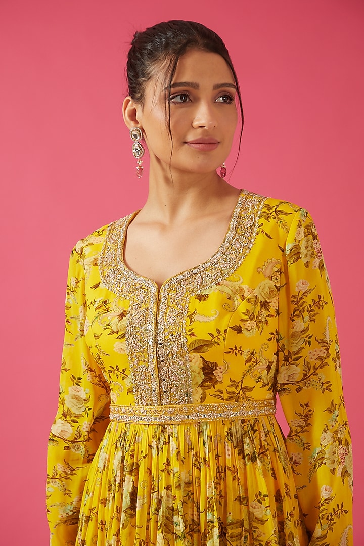 Yellow Chiffon Printed & Embroidered Gharara Set by Sana Barreja at Pernia's Pop Up Shop