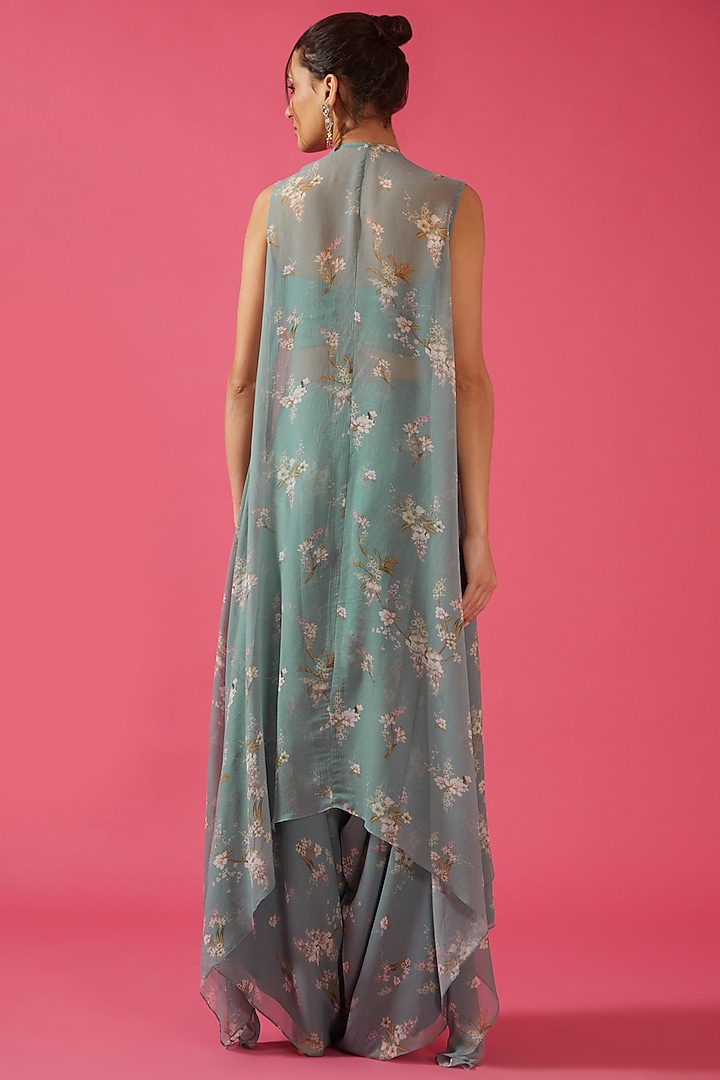 Ice Blue Chiffon Printed & Embroidered Dhoti Set by Sana Barreja at Pernia's Pop Up Shop
