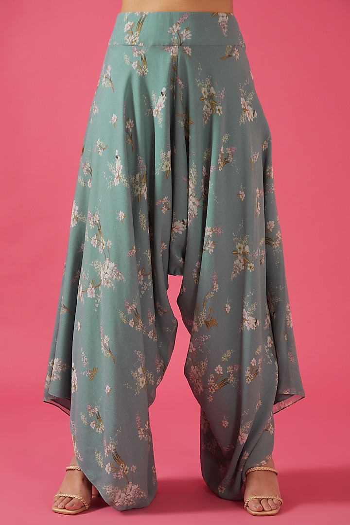 Ice Blue Chiffon Printed & Embroidered Dhoti Set by Sana Barreja at Pernia's Pop Up Shop