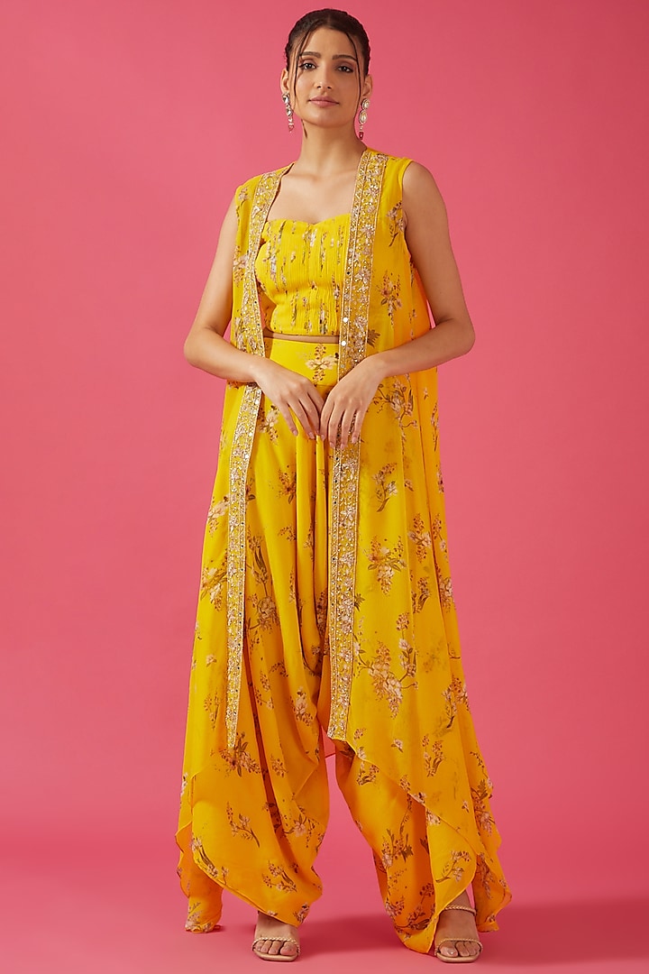 Yellow Chiffon Printed & Embroidered Dhoti Set by Sana Barreja