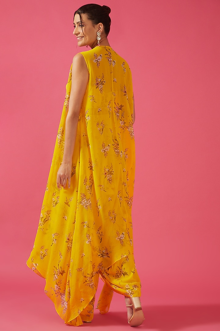 Yellow Chiffon Printed & Embroidered Dhoti Set by Sana Barreja at Pernia's Pop Up Shop
