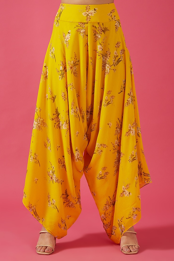 Yellow Chiffon Printed & Embroidered Dhoti Set by Sana Barreja at Pernia's Pop Up Shop