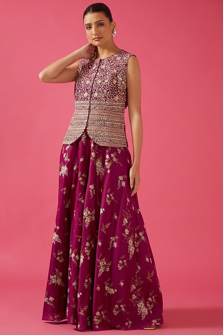Fuchsia Georgette Embroidered Jacket Wedding Lehenga Set by Sana Barreja at Pernia's Pop Up Shop