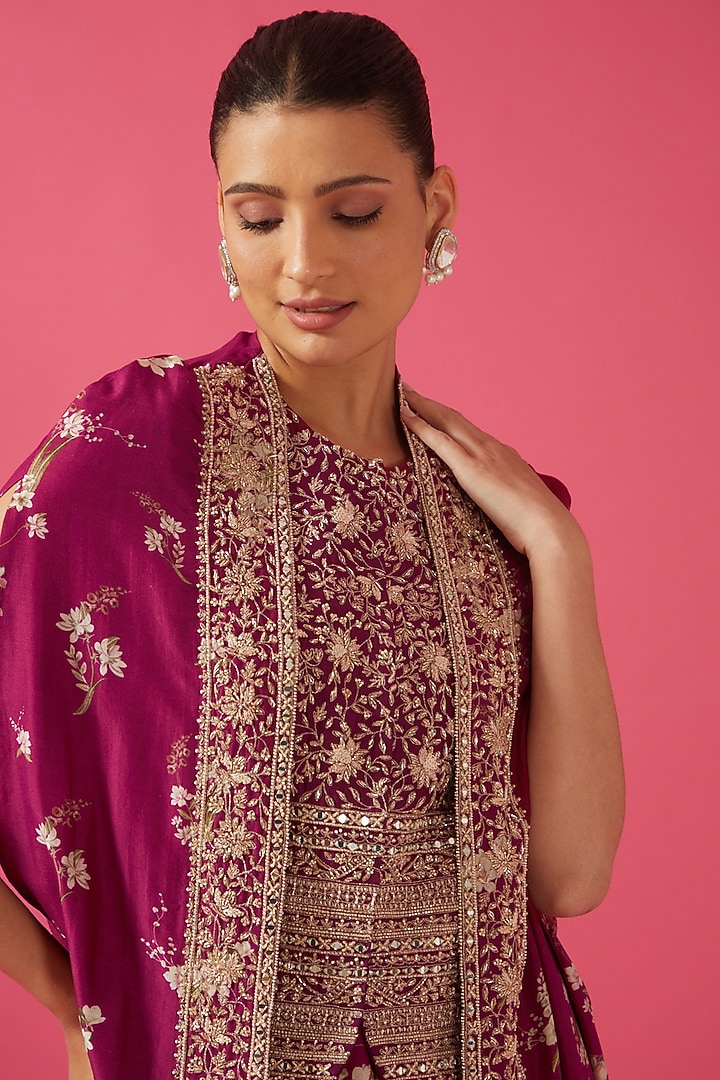 Fuchsia Georgette Embroidered Jacket Wedding Lehenga Set by Sana Barreja at Pernia's Pop Up Shop