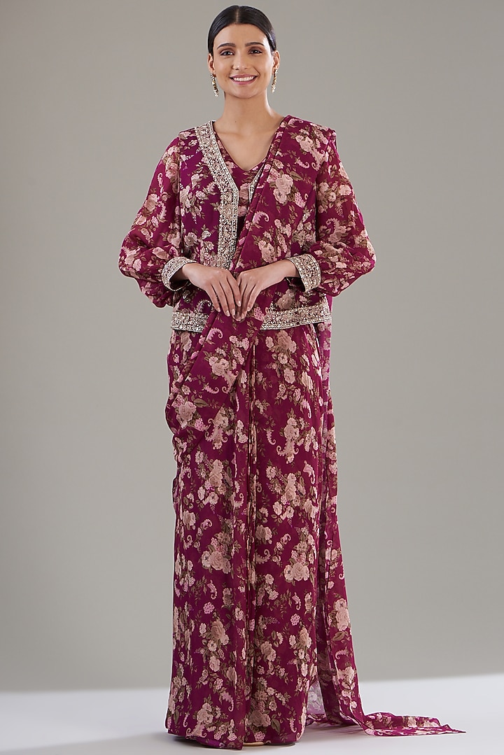 Fuchsia Georgette Printed Pre-Stitched Jacket Saree Set by Sana Barreja