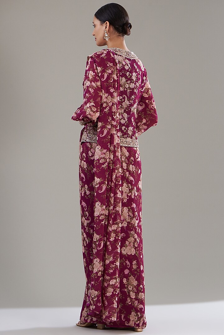 Fuchsia Georgette Printed Pre-Stitched Jacket Wedding Saree Set by Sana Barreja at Pernia's Pop Up Shop