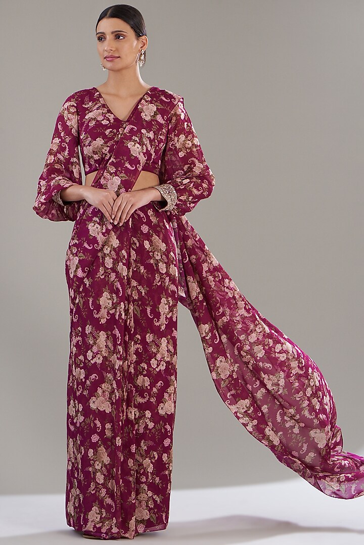 Fuchsia Georgette Printed Pre-Stitched Jacket Wedding Saree Set by Sana Barreja at Pernia's Pop Up Shop