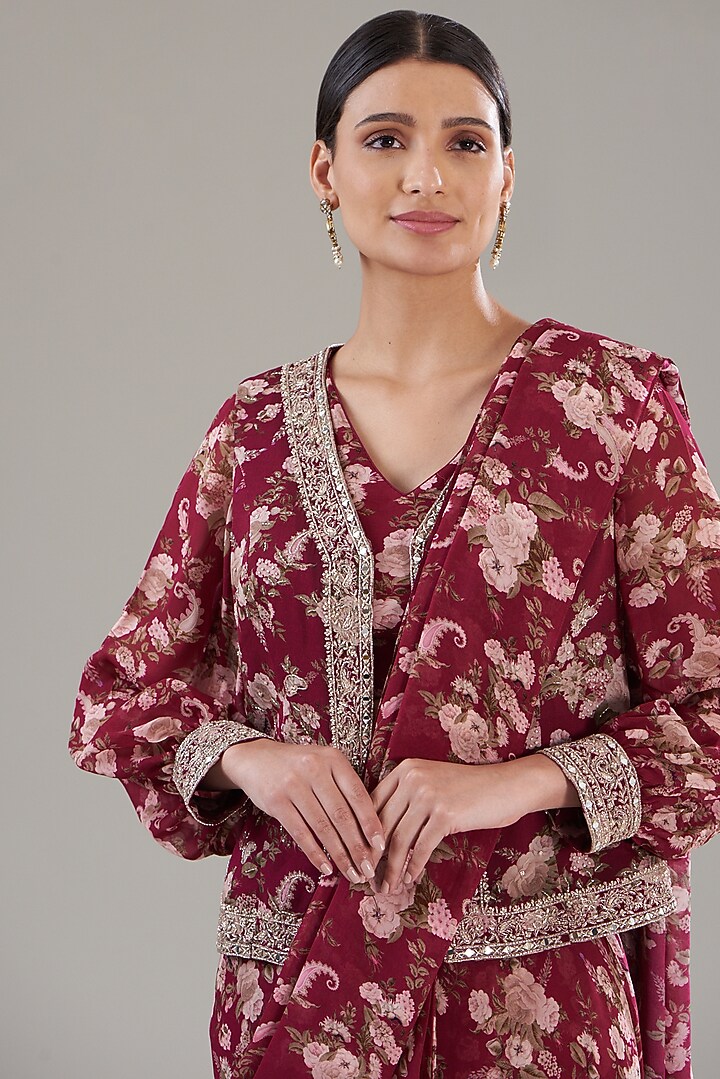 Fuchsia Georgette Printed Pre-Stitched Jacket Wedding Saree Set by Sana Barreja at Pernia's Pop Up Shop