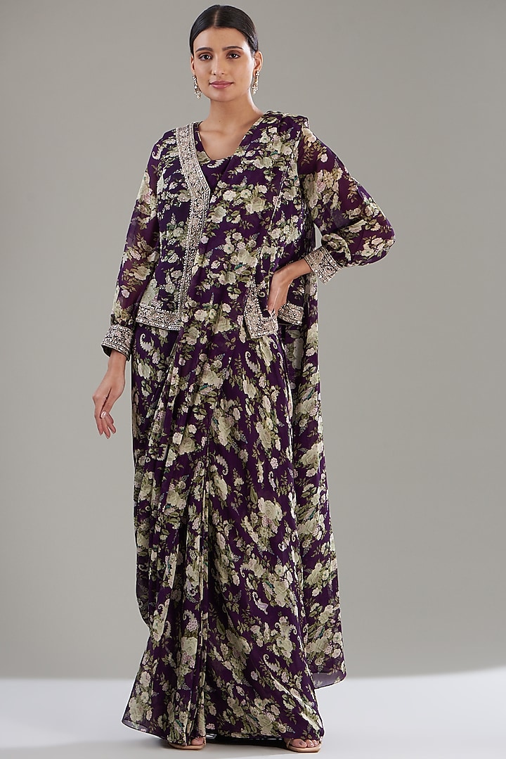 Purple Georgette Printed Pre-Stitched Jacket Saree Set by Sana Barreja