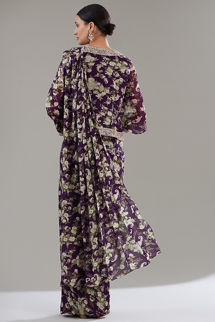 Purple Georgette Printed Pre-Stitched Jacket Wedding Saree Set by Sana Barreja at Pernia's Pop Up Shop