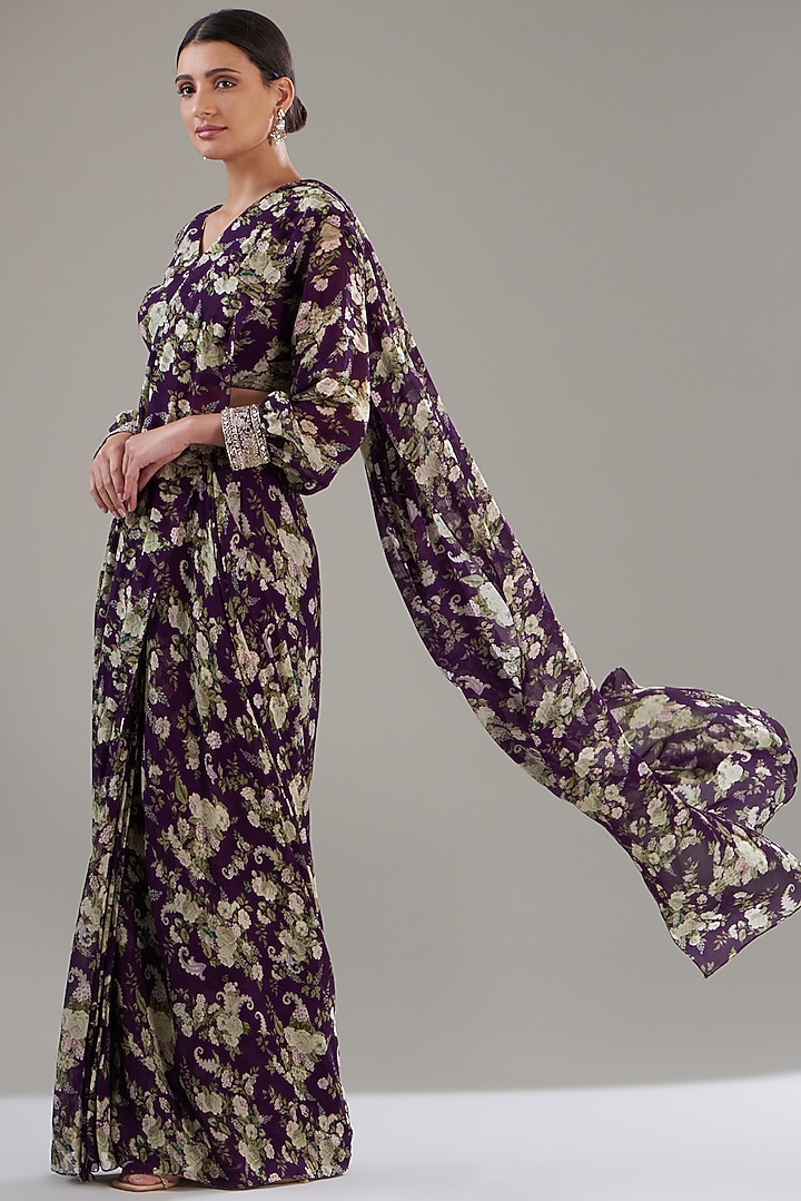 Purple Georgette Printed Pre-Stitched Jacket Wedding Saree Set by Sana Barreja at Pernia's Pop Up Shop