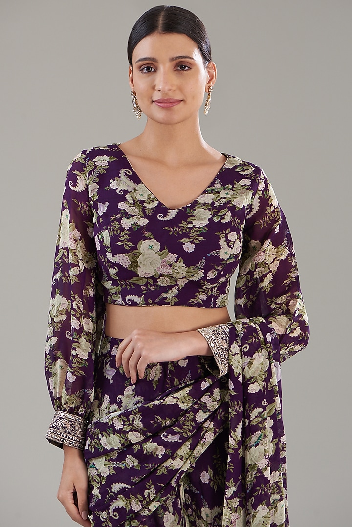 Purple Georgette Printed Pre-Stitched Jacket Wedding Saree Set by Sana Barreja at Pernia's Pop Up Shop