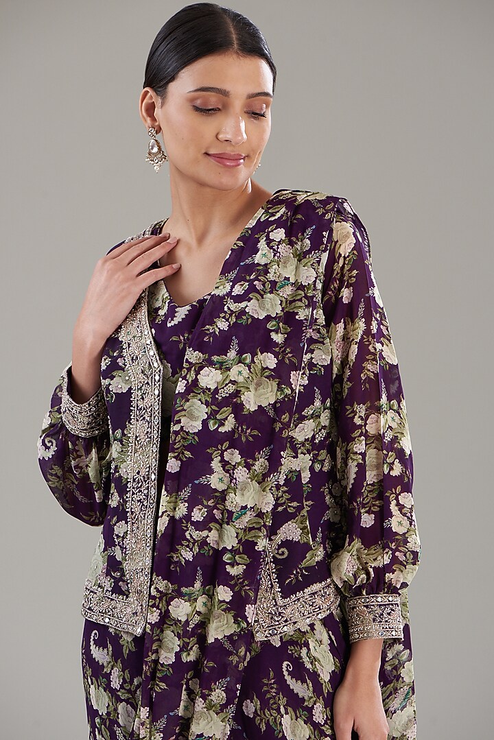 Purple Georgette Printed Pre-Stitched Jacket Wedding Saree Set by Sana Barreja at Pernia's Pop Up Shop
