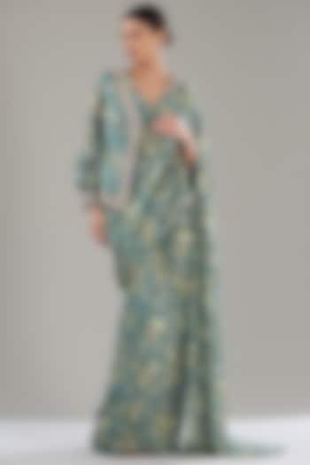 Ice Blue Georgette Printed Pre-Stitched Jacket Saree Set by Sana Barreja