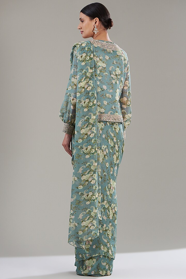 Ice Blue Georgette Printed Pre-Stitched Jacket Wedding Saree Set by Sana Barreja at Pernia's Pop Up Shop