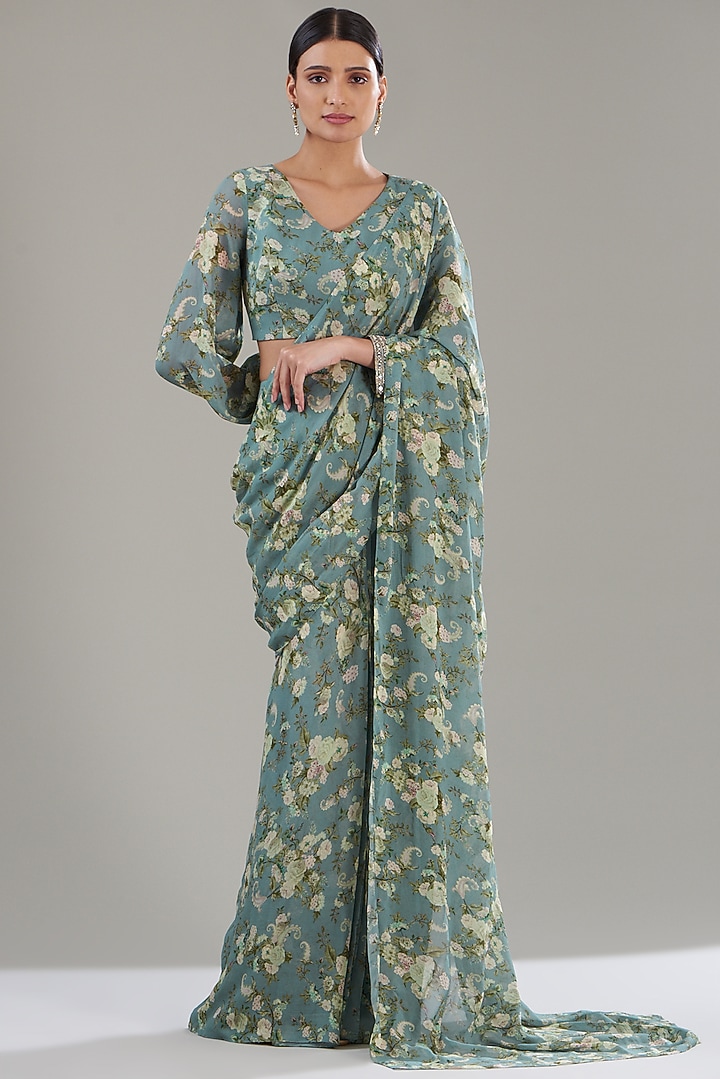 Ice Blue Georgette Printed Pre-Stitched Jacket Wedding Saree Set by Sana Barreja at Pernia's Pop Up Shop