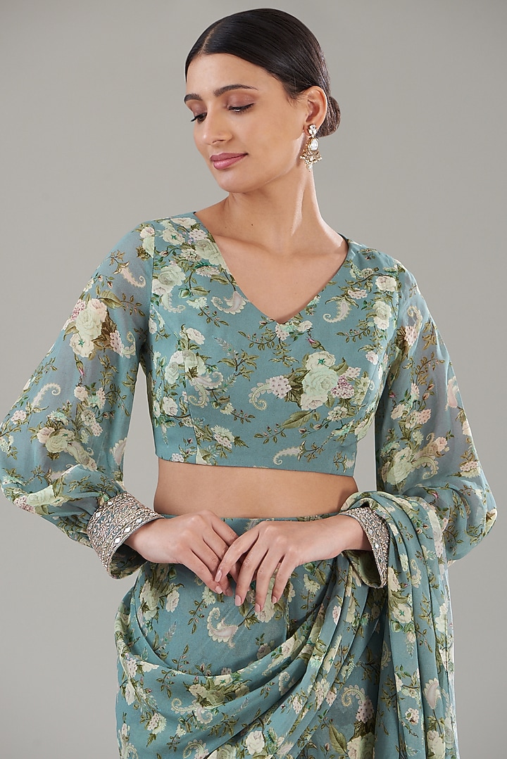 Ice Blue Georgette Printed Pre-Stitched Jacket Wedding Saree Set by Sana Barreja at Pernia's Pop Up Shop