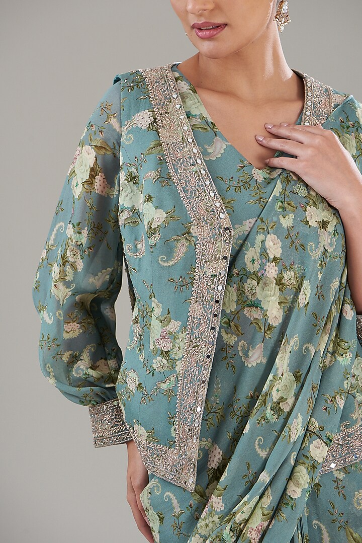 Ice Blue Georgette Printed Pre-Stitched Jacket Wedding Saree Set by Sana Barreja at Pernia's Pop Up Shop