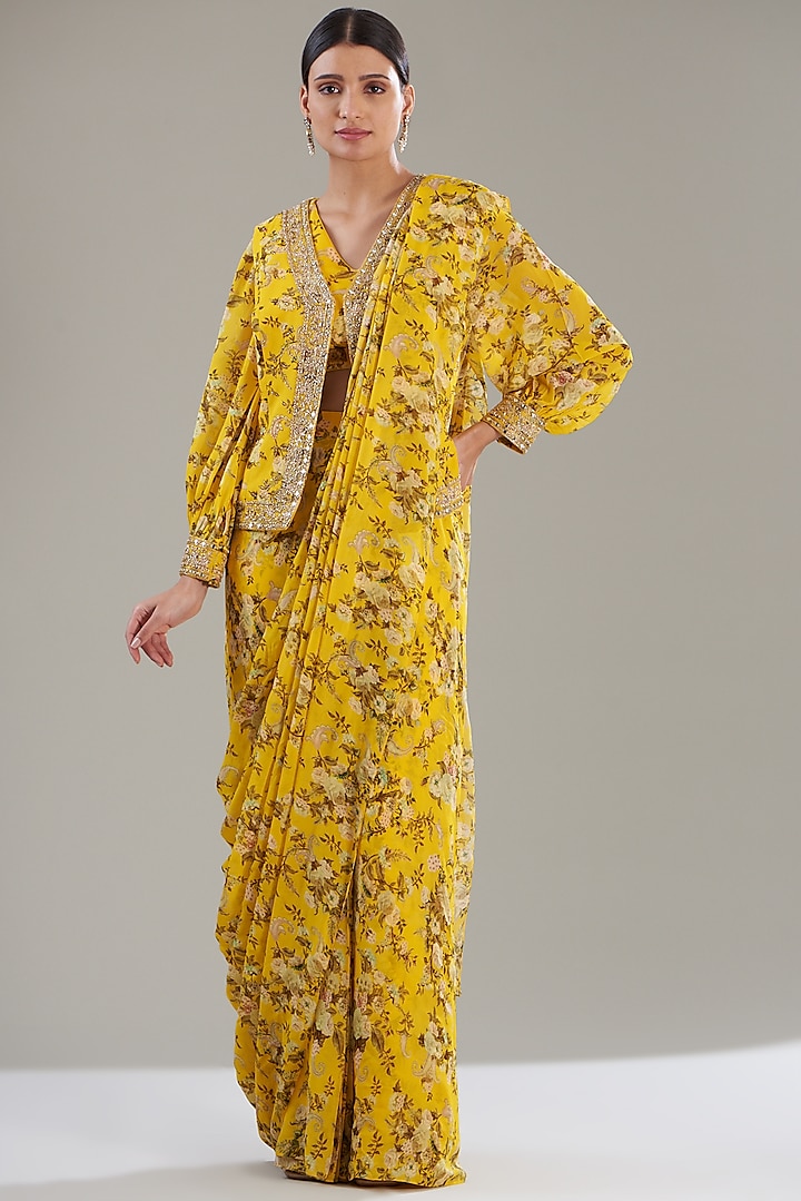 Yellow Georgette Printed Pre-Stitched Jacket Saree Set by Sana Barreja