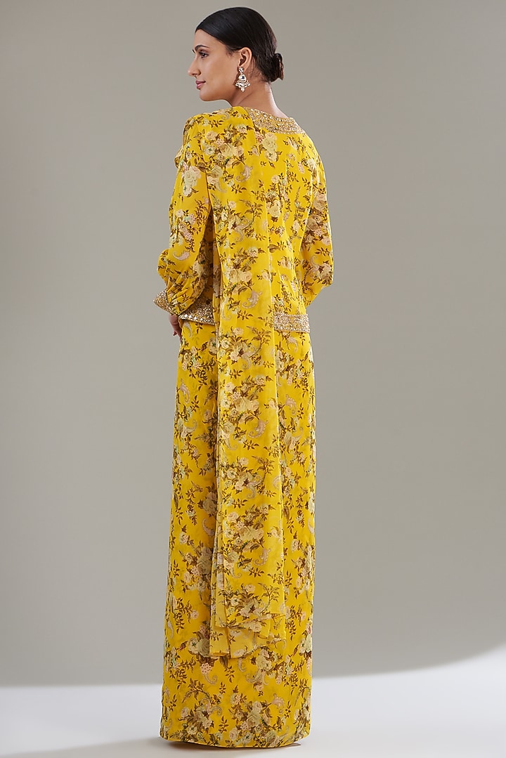 Yellow Georgette Printed Pre-Stitched Jacket Wedding Saree Set by Sana Barreja at Pernia's Pop Up Shop