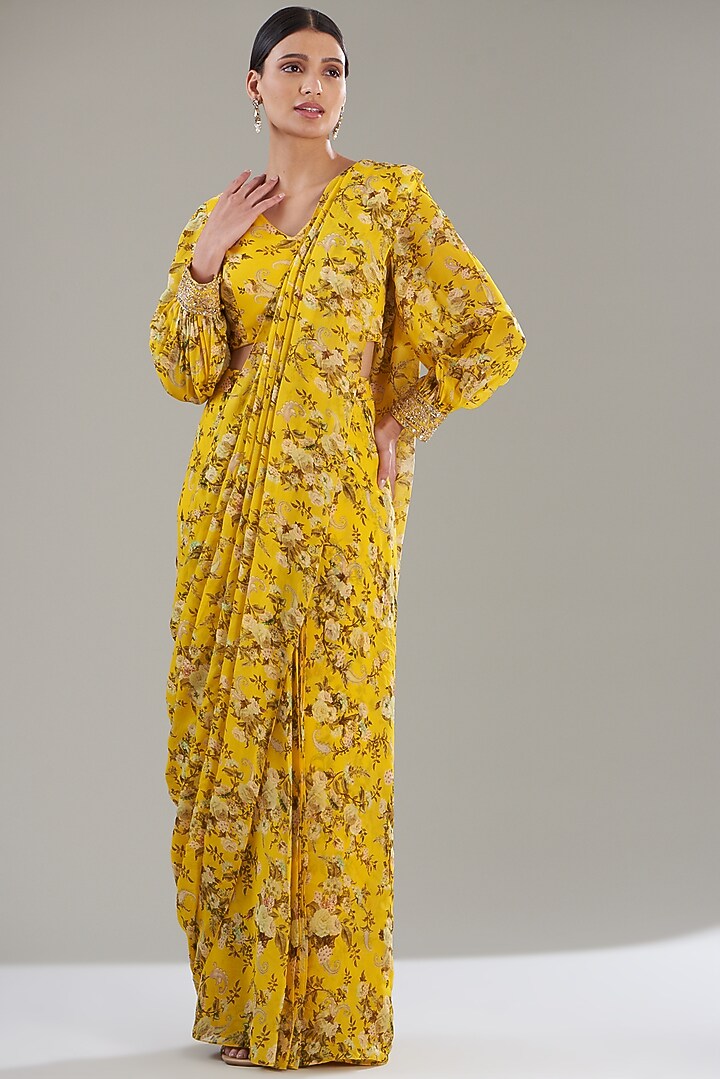 Yellow Georgette Printed Pre-Stitched Jacket Wedding Saree Set by Sana Barreja at Pernia's Pop Up Shop