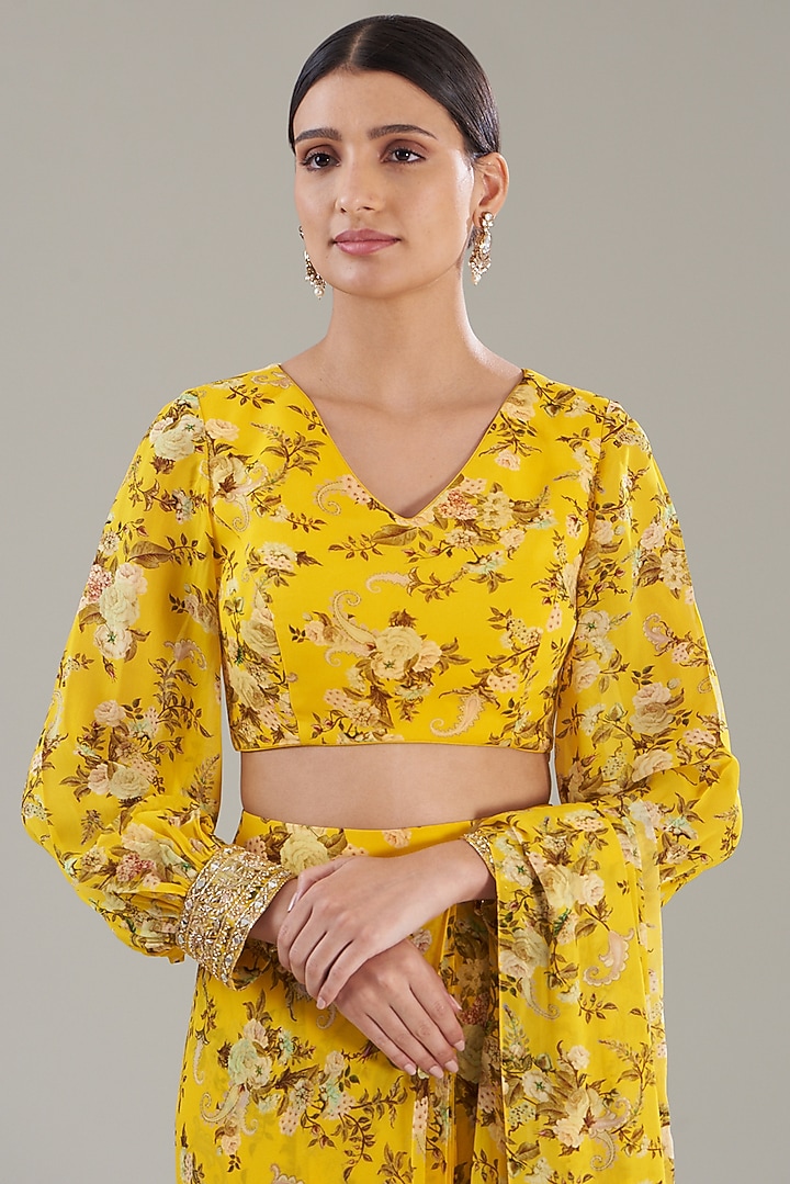 Yellow Georgette Printed Pre-Stitched Jacket Wedding Saree Set by Sana Barreja at Pernia's Pop Up Shop