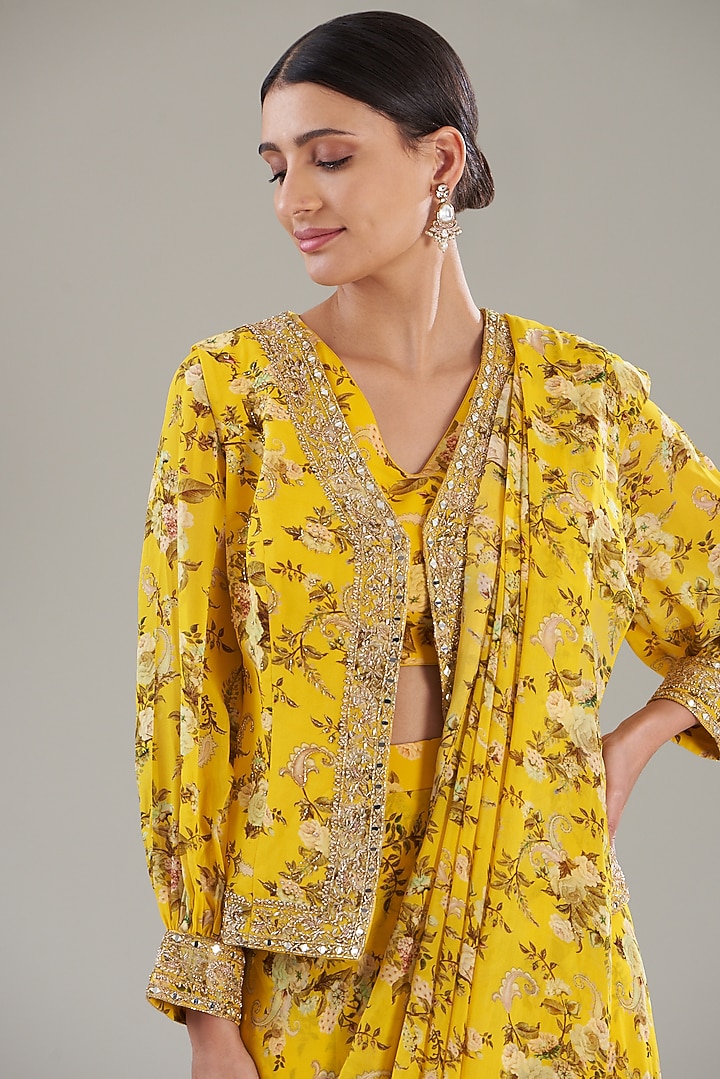 Yellow Georgette Printed Pre-Stitched Jacket Wedding Saree Set by Sana Barreja at Pernia's Pop Up Shop