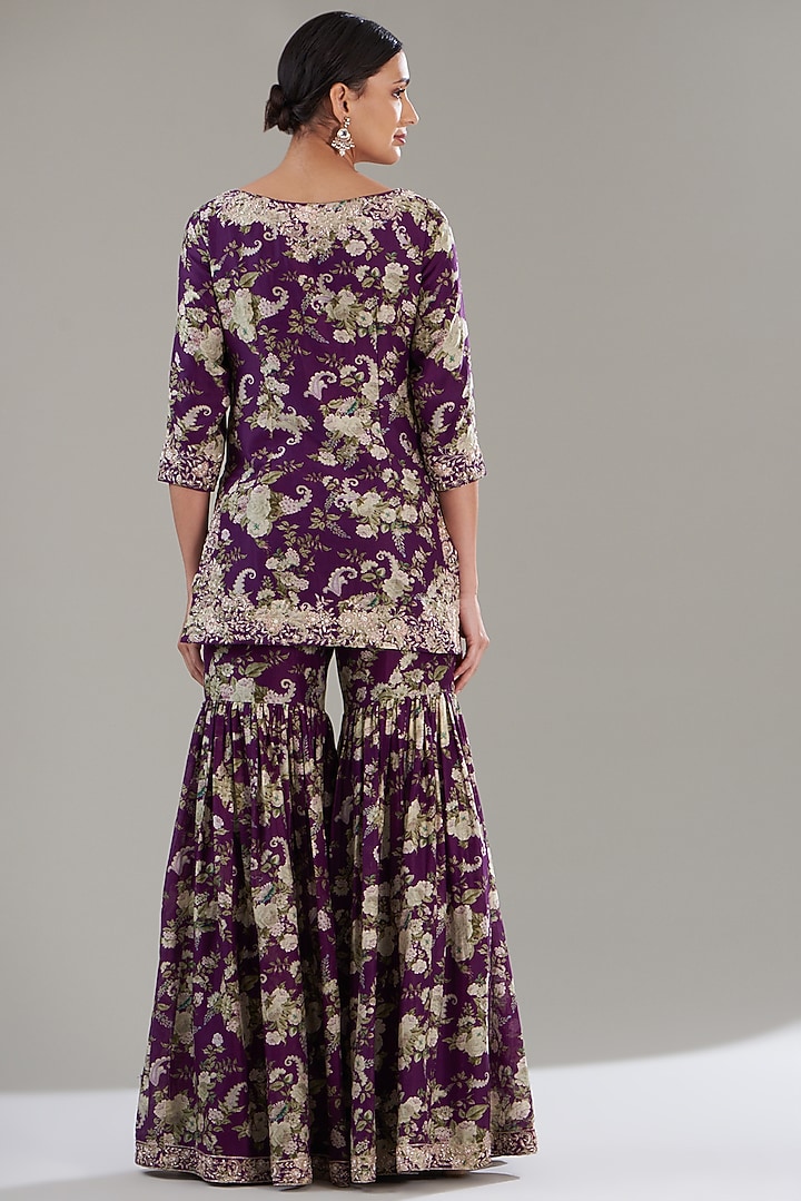 Purple Georgette Printed Wedding Sharara Set by Sana Barreja at Pernia's Pop Up Shop