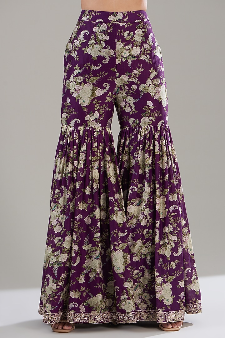Purple Georgette Printed Wedding Sharara Set by Sana Barreja at Pernia's Pop Up Shop