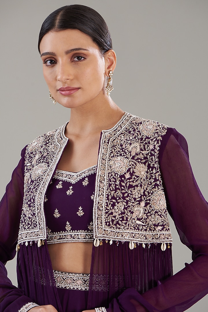 Purple Georgette Embroidered Jacket Set by Sana Barreja at Pernia's Pop Up Shop