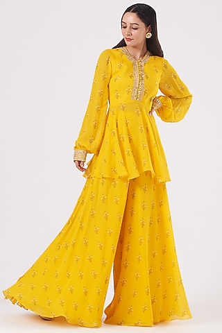 Dandelion Yellow Hand Embroidered Sharara Set by Sana Barreja