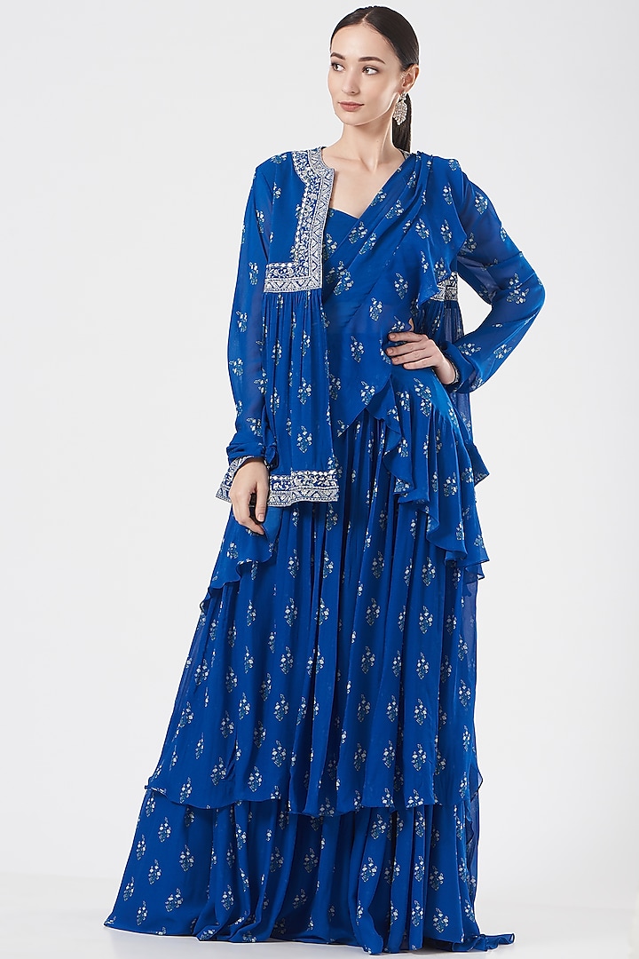 Cobalt Blue Georgette Printed Ruffled Saree Set by Sana Barreja